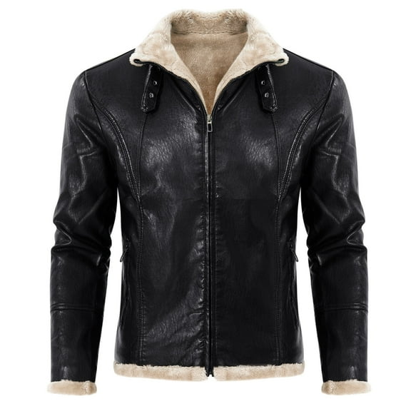 FBMDBB Men's Leather Jackets Men's Vintage Fleece Lined Leather Trucker Jackets Lapel Zipper Thickened Winter Coats Clothing