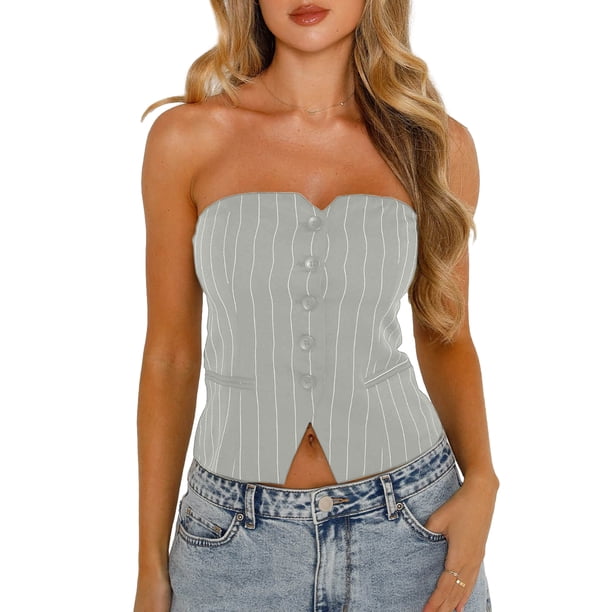 Blusa Mangas Largas Top sin tirantes con botones, Top corto ajustado para mujer, ropa de calle Hotsweet Kuymtek Gris T L para Mujer