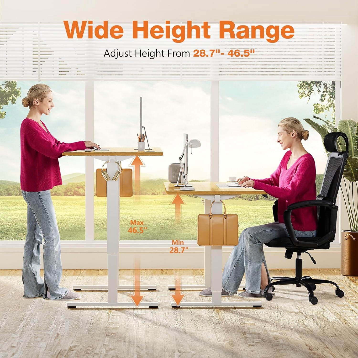 AENKYO Electric Height Adjustable Standing Desk with T-Shaped Metal Frame, Ergonomic Home Office Workstation for Computer, Modern Sit to Stand Desk，Yellow