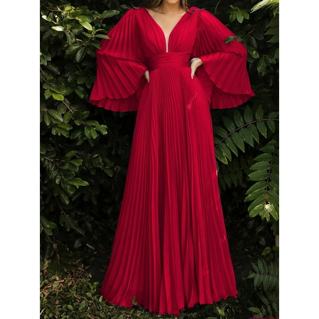 Robe de Soirée Plissée à Col en V pour Femmes Grande Taille Coupe Ample Manches Mi-Mollet Unie