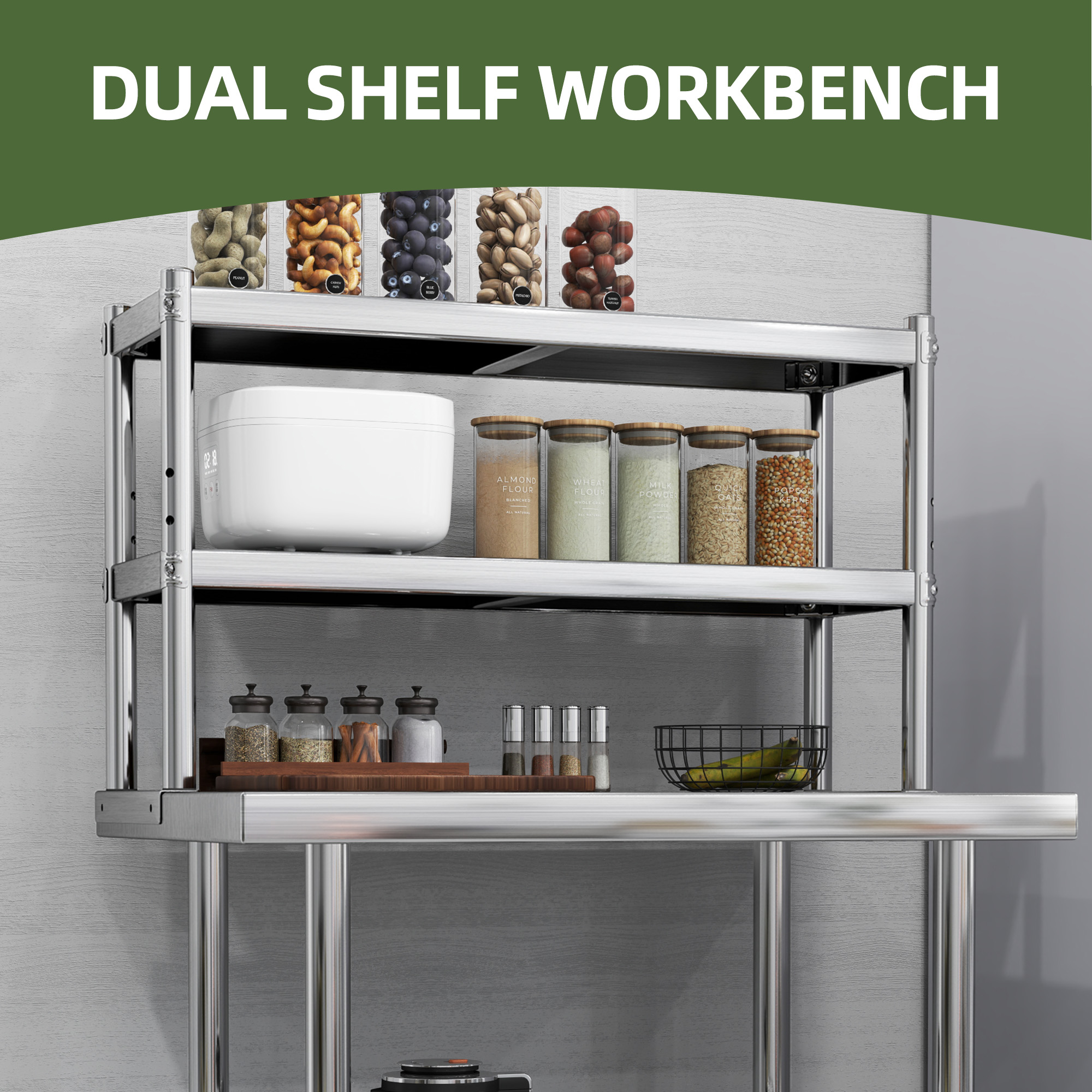 Uforic 48" X 24" Work Table with 48" X 12" Shelf Stainless Steel Table with Overshelves for Home Kitchen Restaurant Garage Warehouse