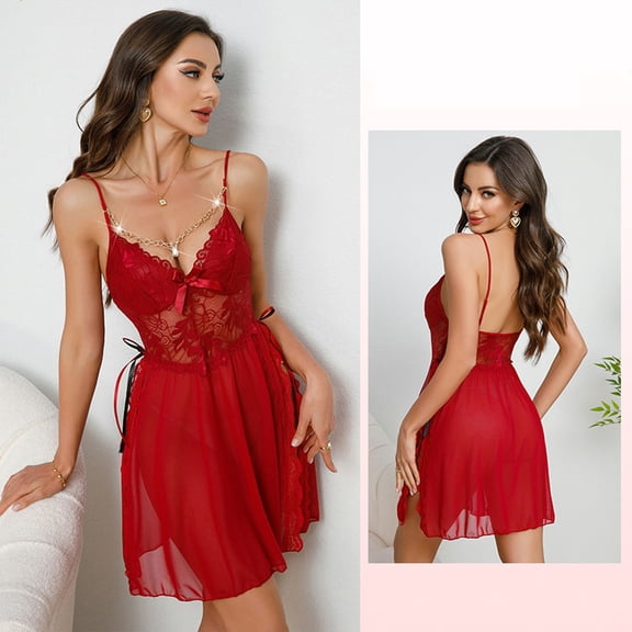 Warop Womens Sexy Nightgown with V-Neck, Solid Color, Lace, Mesh, Backless and Slit Design for Sleep and Lounge