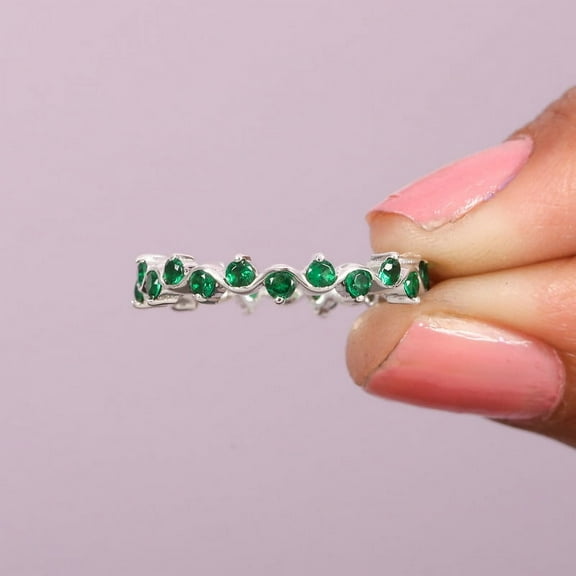 Emerald Zig-Zag Full Eternity Band Ring, Stackable Ring, 925 Silver Ring, Handmade Fine Ring Jewelry, May Birthstone Ring Jewelry, Gift For Mom