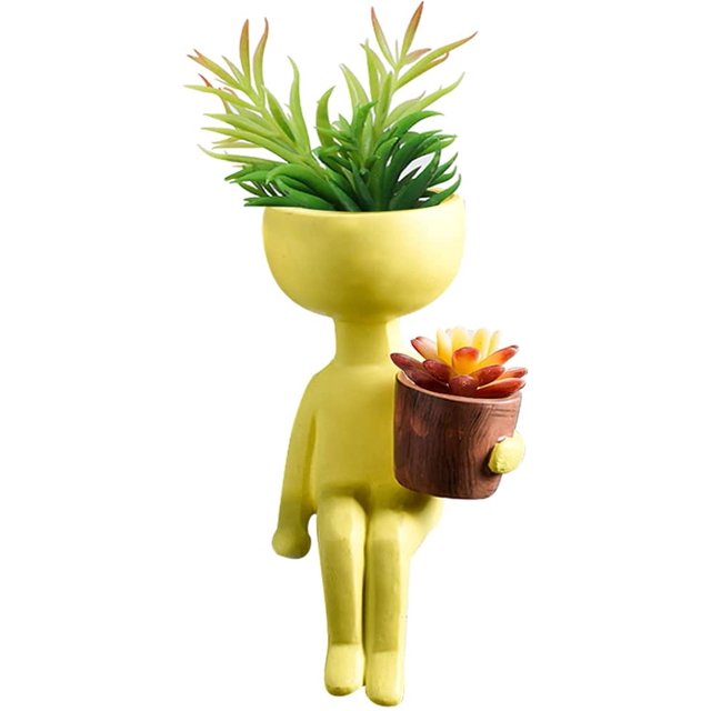 Cute Humanoid Flower Pot Resin Succulents Plant Pots, Abstract Character Portrait Human Shaped Plant Container Desktop Decoration for Home Office, Plant Not Include (Double Pots-Yellow)