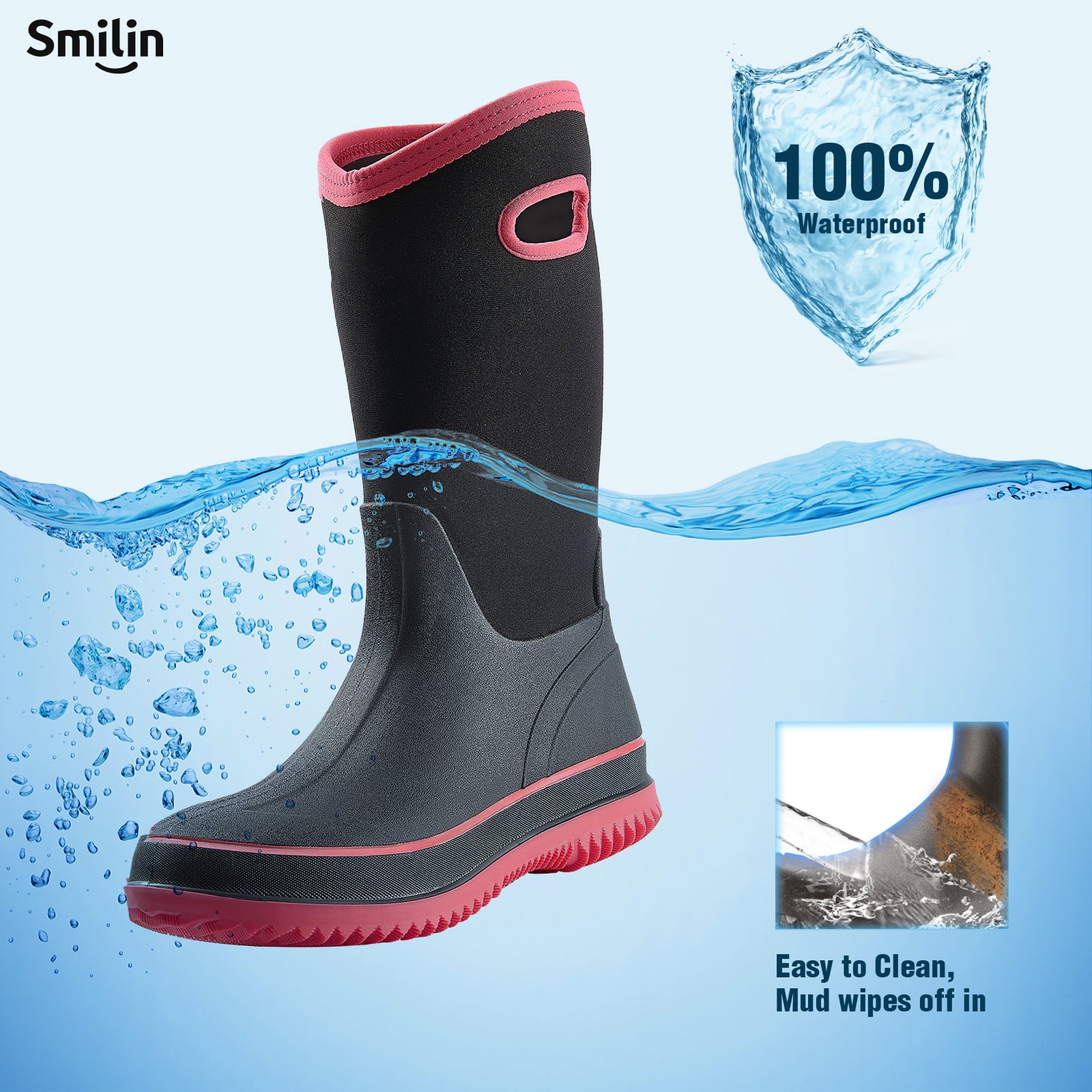 SMILIN Rain Boots for Women, Anti-slip Mid Calf Women Mud Boots, Black, Size 8