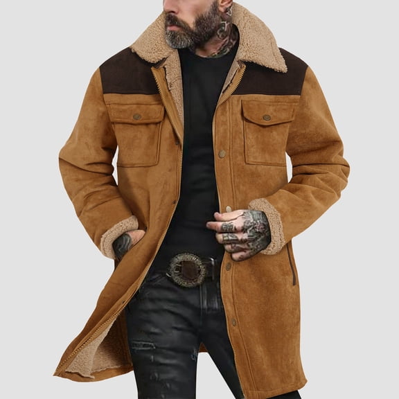 Men's Jacket Men's Coat Suede Color Blocked Jacket Pocket Zipper Coat