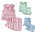 thumbnail image 1 of 2Pcs Baby Girl Summer Outfit, Sleeveless Striped Ruffle Trim Button Top  Shorts Set, Toddler Infant Knit Clothes, 1 of 3