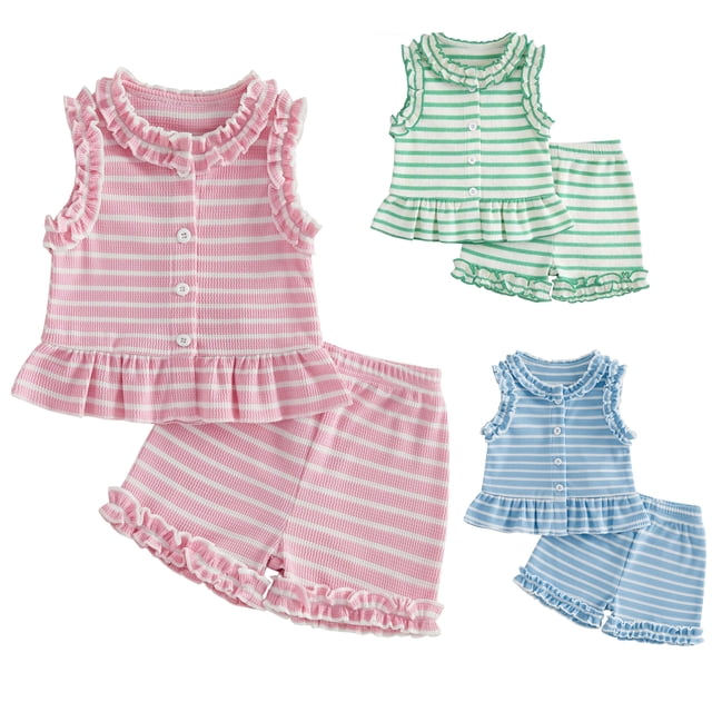 2Pcs Baby Girl Summer Outfit, Sleeveless Striped Ruffle Trim Button Top Shorts Set, Toddler Infant Knit Clothes