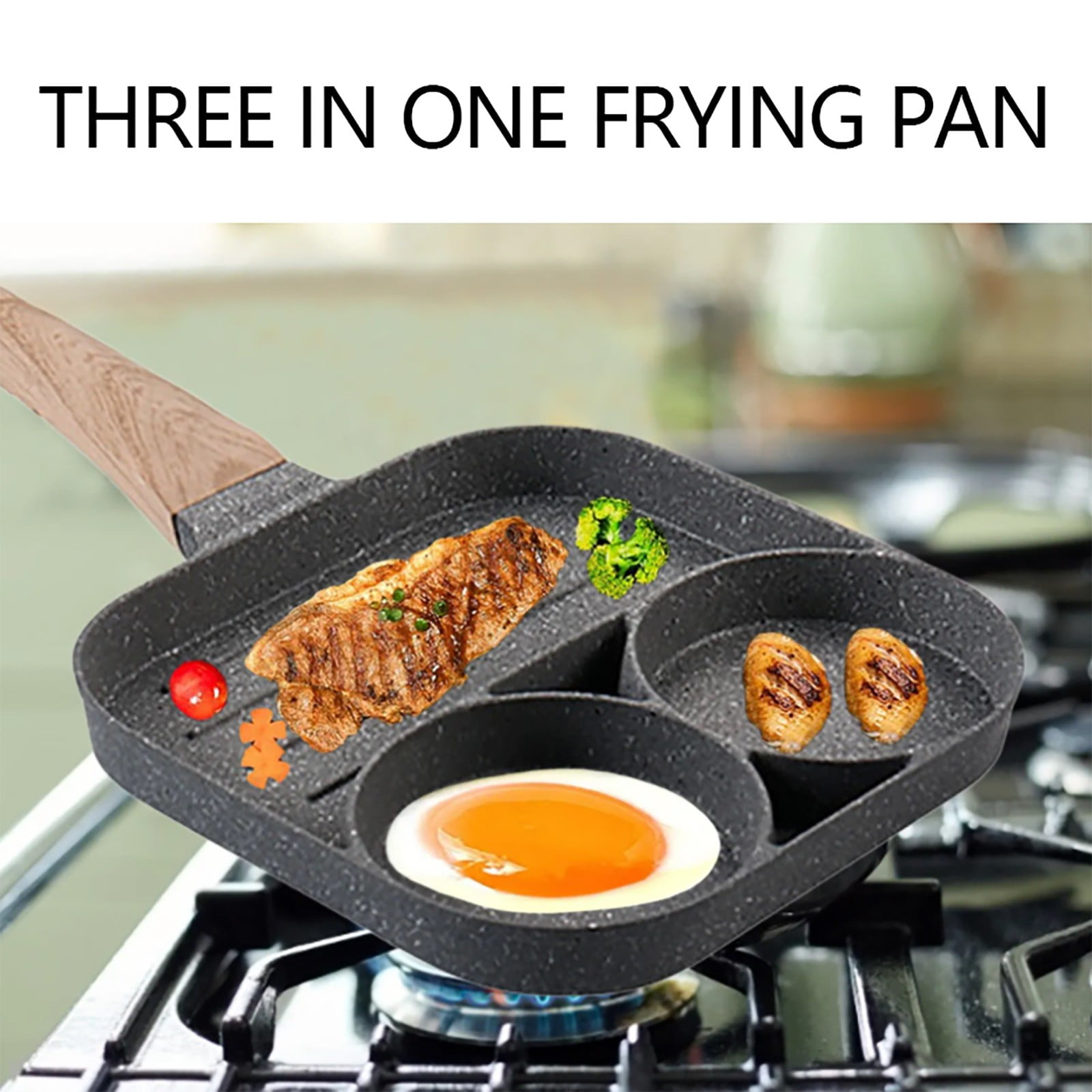 Mfigree Nonstick Divided Grill Pan for Stove Tops, 3-Section Versatile Breakfast Grilling Pan, Durable Square Grill Skillet, Steak Griddle Pan,Induction Compatible