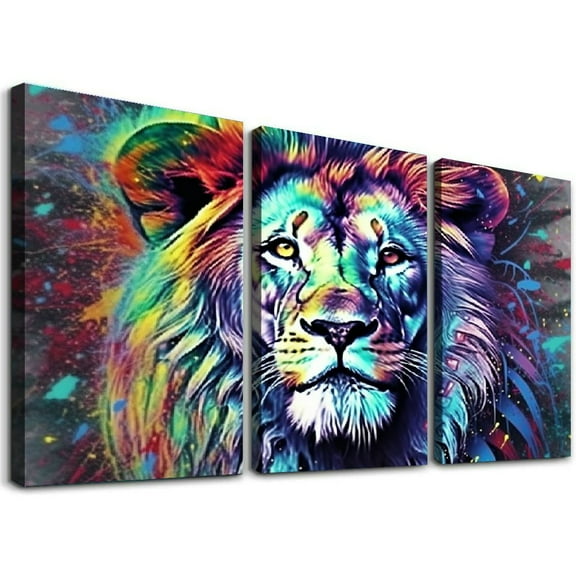 Ullo0ord Lion Wall Art for Living Room, Abstract Animal Wall Art for Office, Large Wall Art Bedroom Aesthetic Print Pictures, Gray Painting Canvas Art Wall Decor 12x16x3pcs