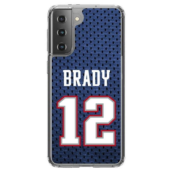 DistinctInk Clear Shockproof Hybrid Case for Galaxy S21 5G (6.2" Screen) - TPU Bumper, Acrylic Back, Tempered Glass Screen Protector - Brady 12 Jersey - Football Team