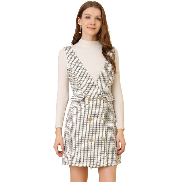 Unique Bargains Robe Salopette de Bureau Taille Haute à Carreaux pour Femmes