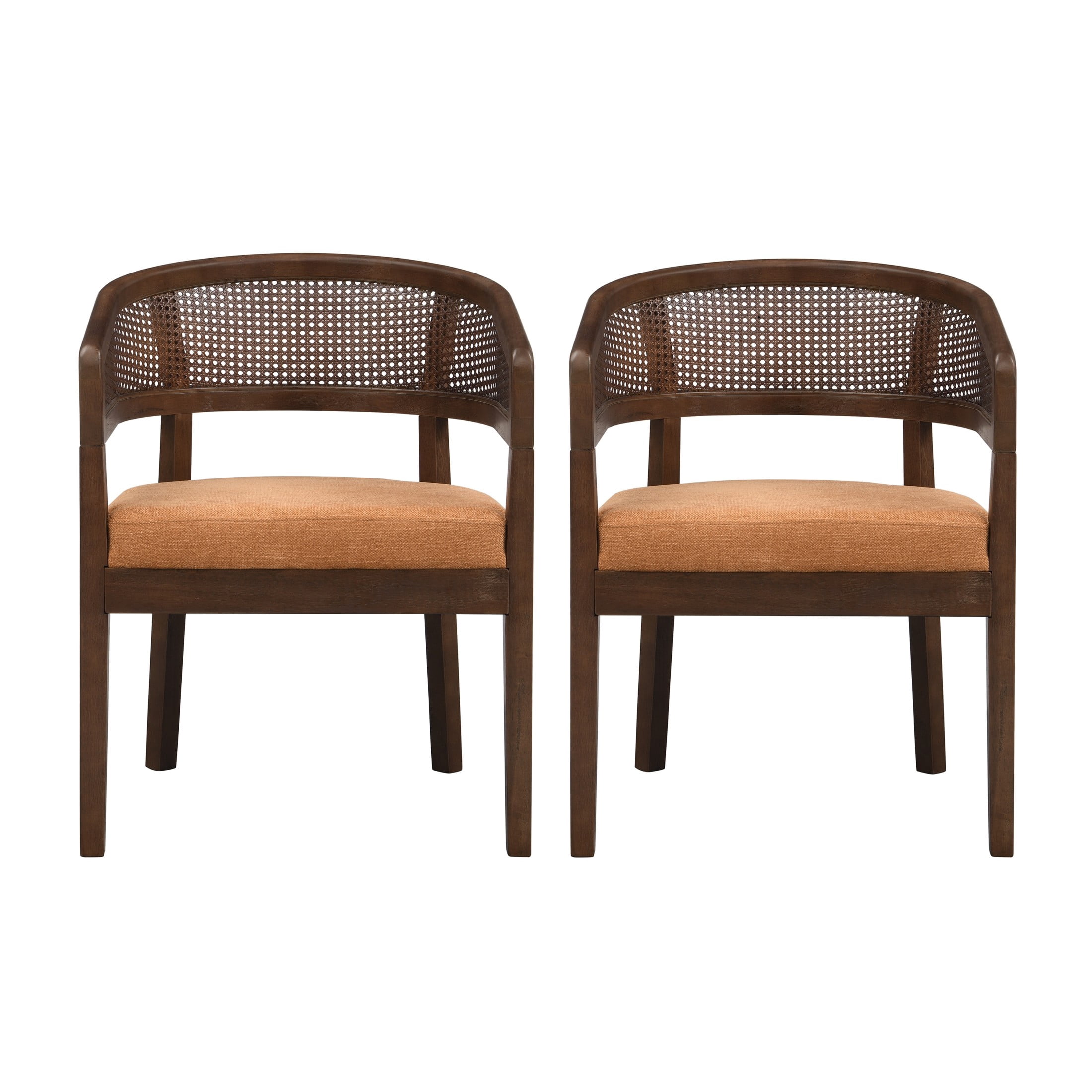 Christopher Knight Home Rattan Curved Back Dining Chairs, Wood Frame with Cushion, Walnut+Caramel, Set of 2