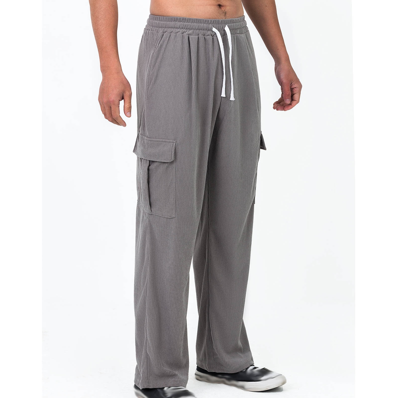 Men's Corduroy Cargo Pants Wide Leg Elastic Waist Drawstring
