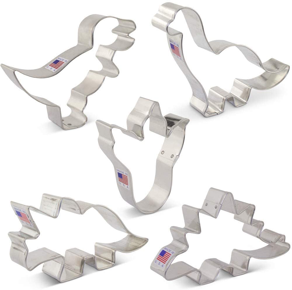 5 Pcs Cookie Cutters Dinosaur Cookie Cutter Set with Recipe Book USA Made Steel 