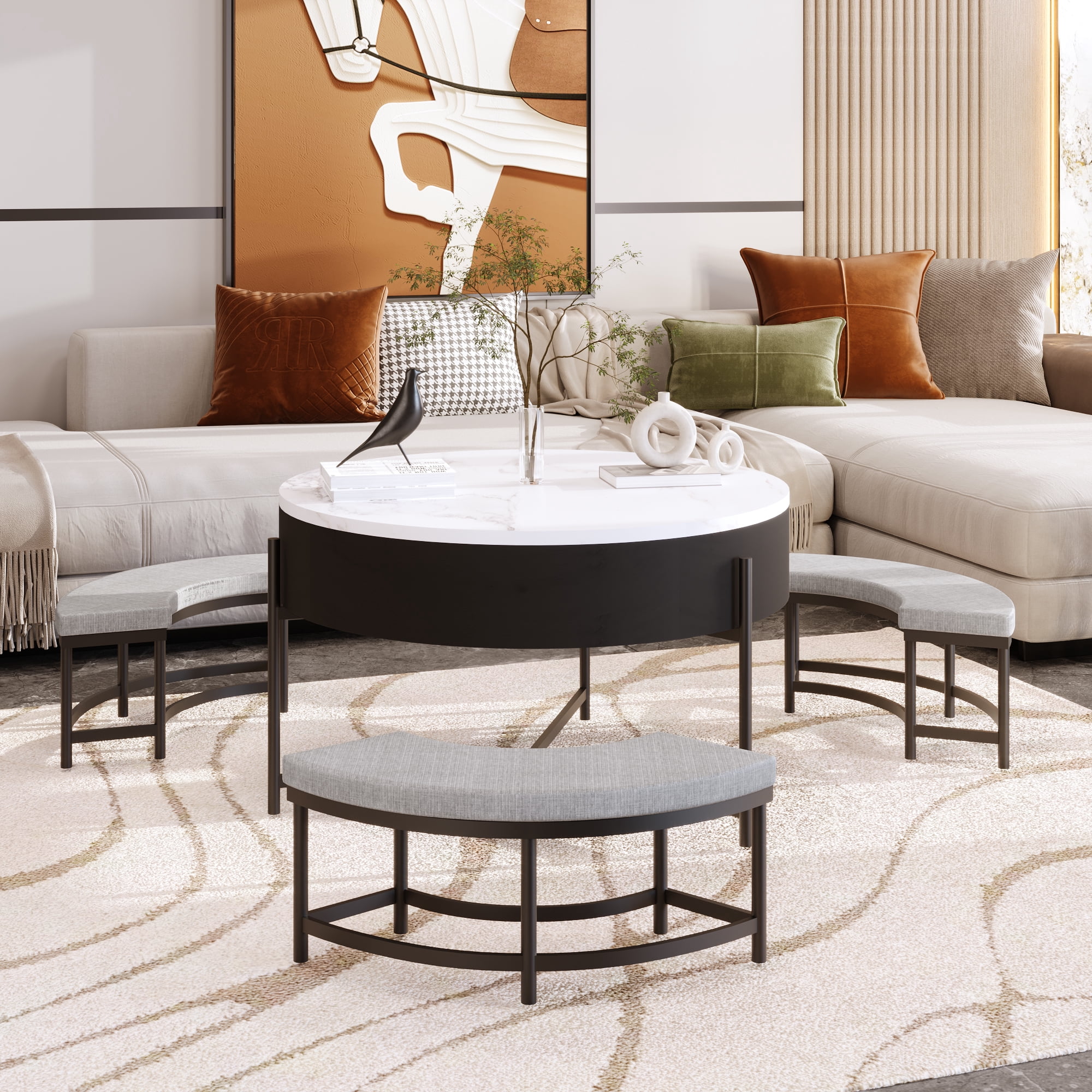 Harper & Bright Designs Round Lift-Top Coffee Table with Ottomans and Storage, Gold Center Table Set with Stools Underneath for Living Room, White & Black