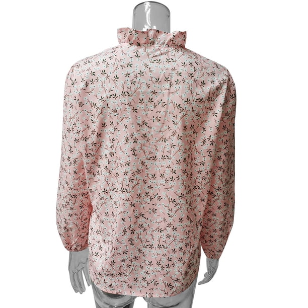 Qarigey Blusa Estampado Verano Camisa Estampado Verano Manga Larga Cuello V Trabajo Mujer Top Prendas para la parte del cuerpo Rosado S