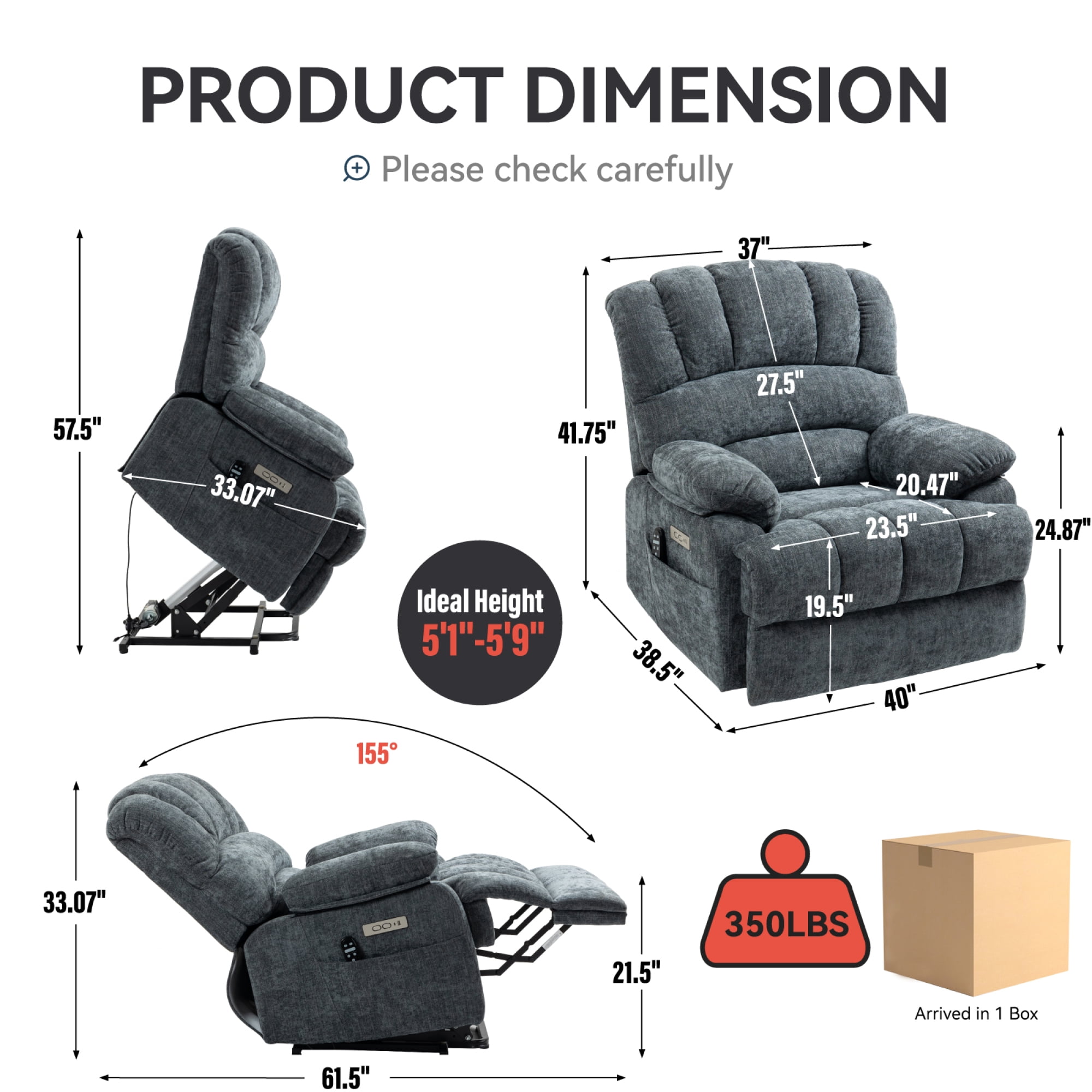 Leumius Power Lift Recliner Chair for Elderly with Vibration Massage and Lumbar Heating,23.5" Extra Wide Single Sofa with High Back,Side Pocket,USB Charge Port for Living Room,Blue-gray
