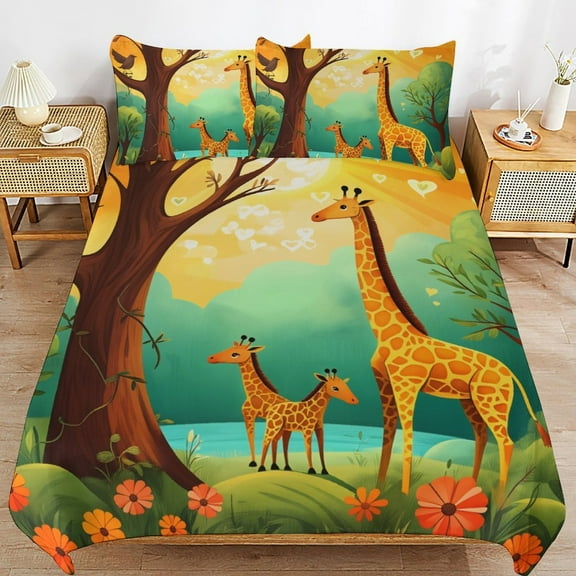 Cartoon Giraffe Forest Bedding Set Couple Bedclothes Pillowcase Home Textiles Bed 3pcs Set for Bedroom Customized Decoration Twin