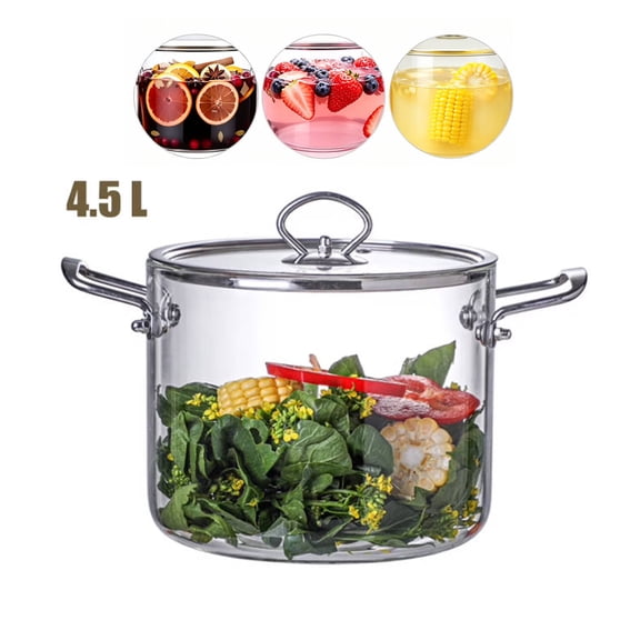 Glass Cooking Pot Simmer Pot with Lid & Handles, 4.5L / 4.77QT Heat Resistant Simmer Pot for Cooking On Ceramic Cooktop, Clear Glass Cookware