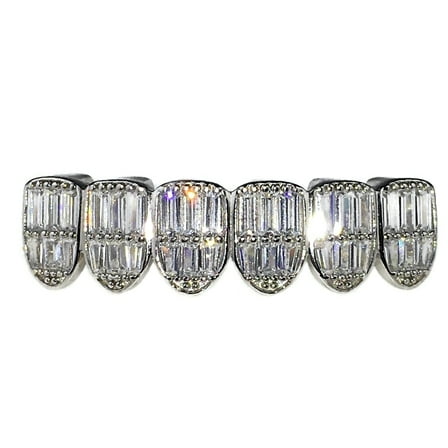 Real Solid 925 Sterling Silver Grillz Baguette CZ Bling Ice Grills For Bottom Six Teeth
