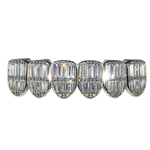 Real Solid 925 Sterling Silver Grillz Baguette CZ Bling Ice Grills For Bottom Six Teeth
