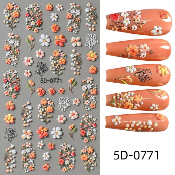 FEOLGEHLY 5D Embossed Autumn Color Floral Nail Stickers, 3D Relief Colorful Small Flower Self-Adhesive Nail Art Decals for DIY Manicure Decorations