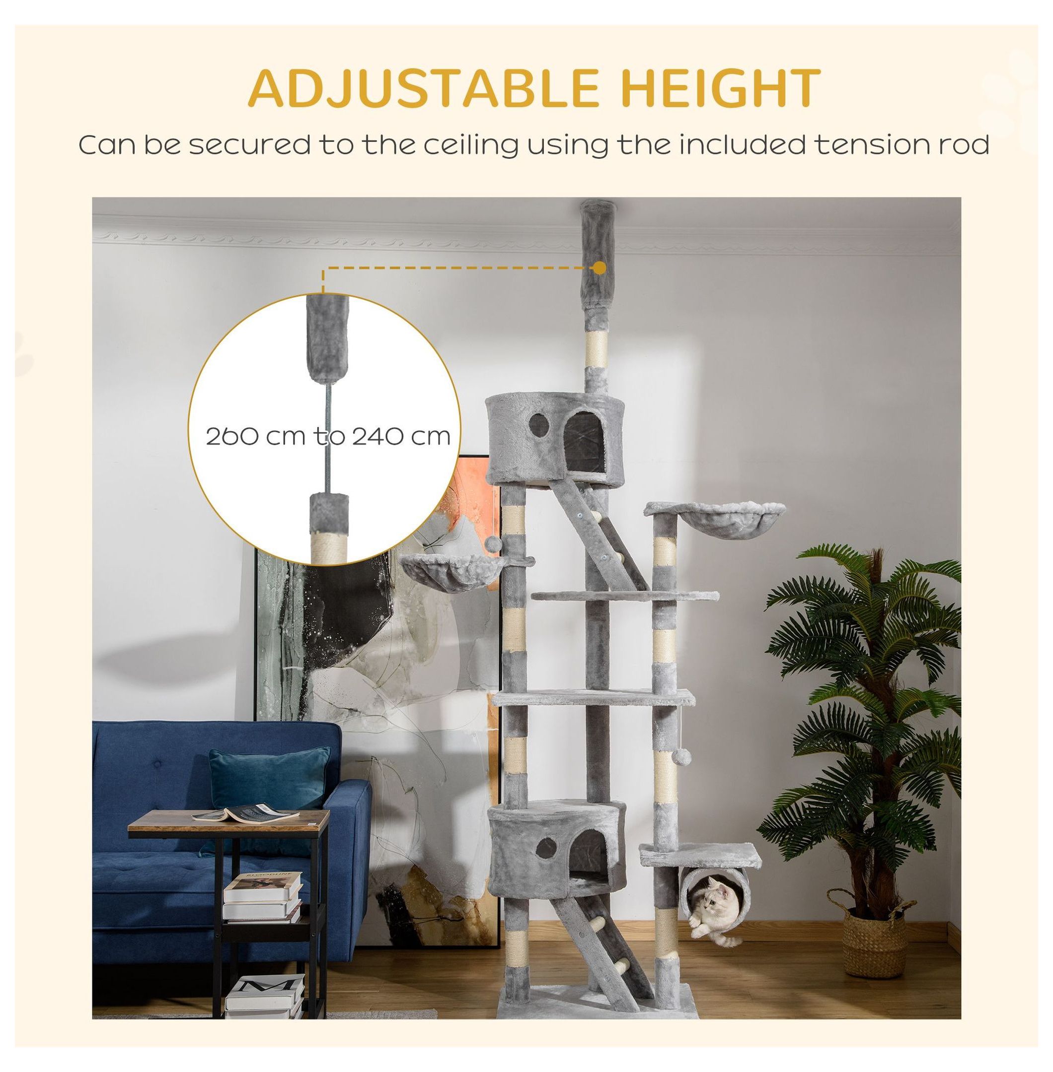 Cat Tree Floor to Ceiling, 94.5-102.5" Adjustable Cat Tower with Scratching Posts, Hammocks & Condos - Tall Climbing Tree for Indoor Cats