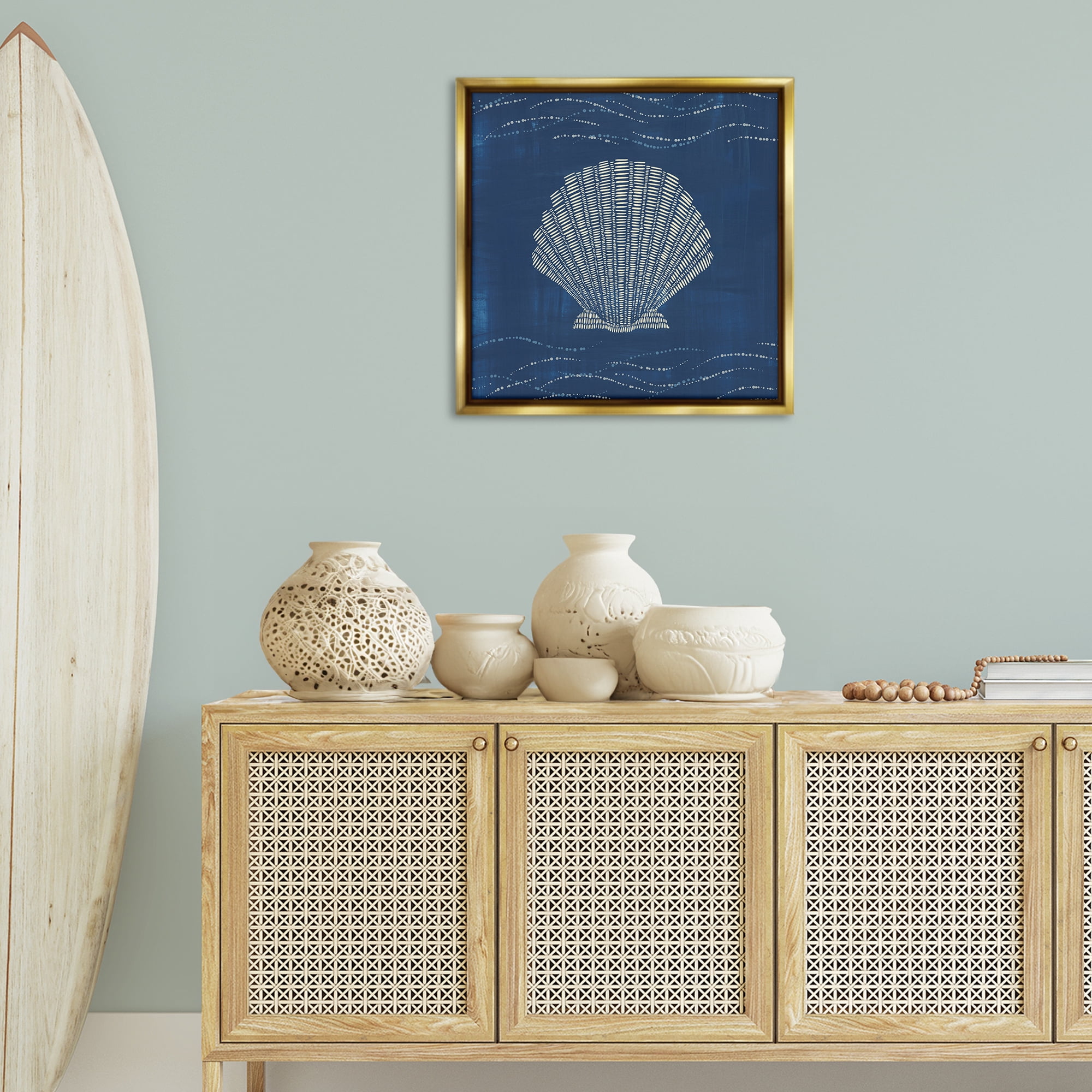 Stupell Industries Clam Shell on Blue Coastal Painting Gold Floater Framed Canvas Art Print Wall Art, 25 x 25