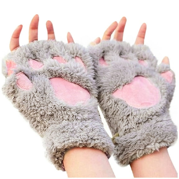 UJNDER Half Finger Warm Cute Cartoon Thick Bear's Gloves for Women Fashionable and Cozy Fingerless Design Ideal for Cold Weather Grey