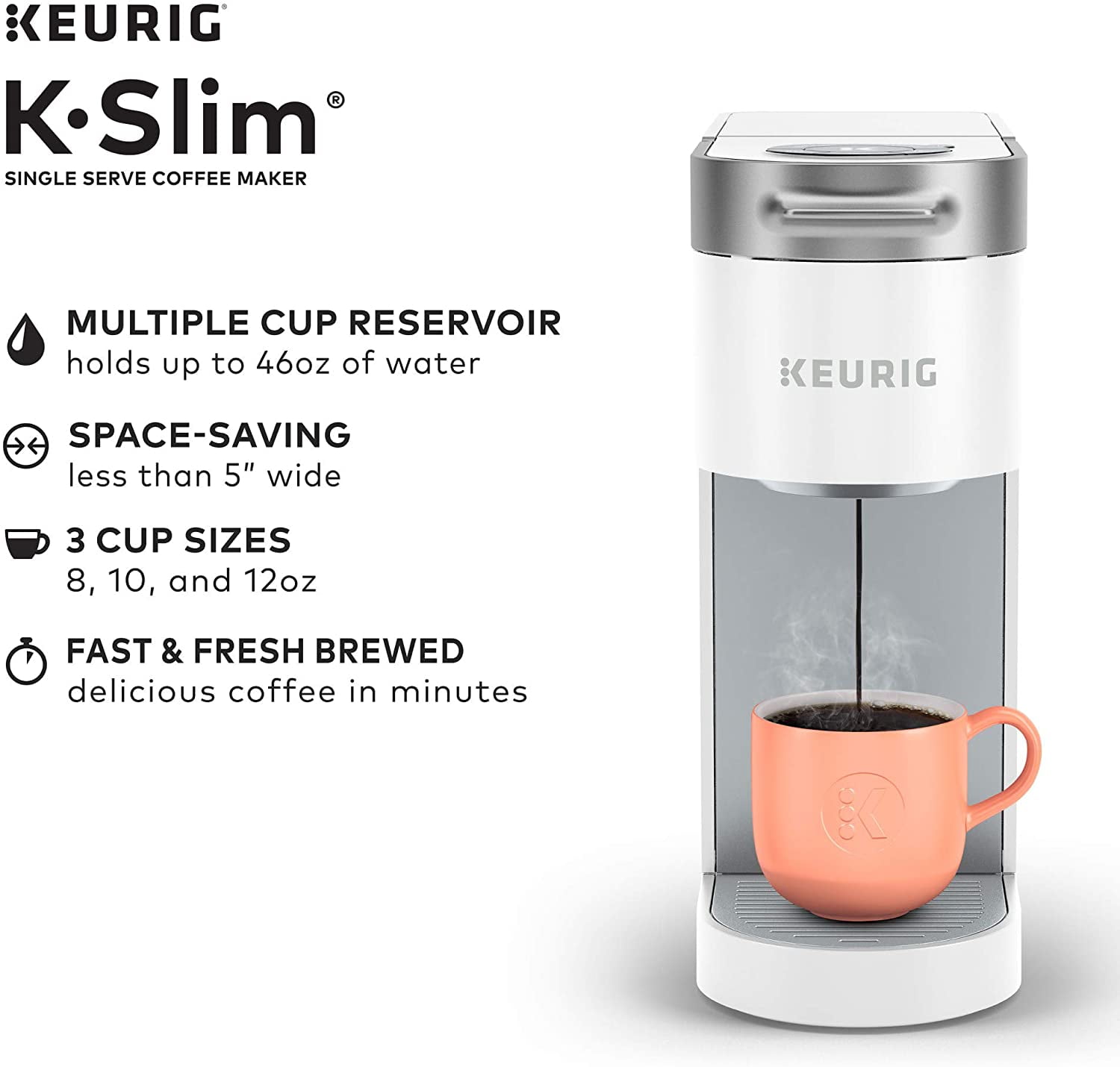 Keurig K-Slim Coffee Maker, Single Serve K-Cup Pod Coffee Brewer, 8 to 12  Oz Brew Sizes, White