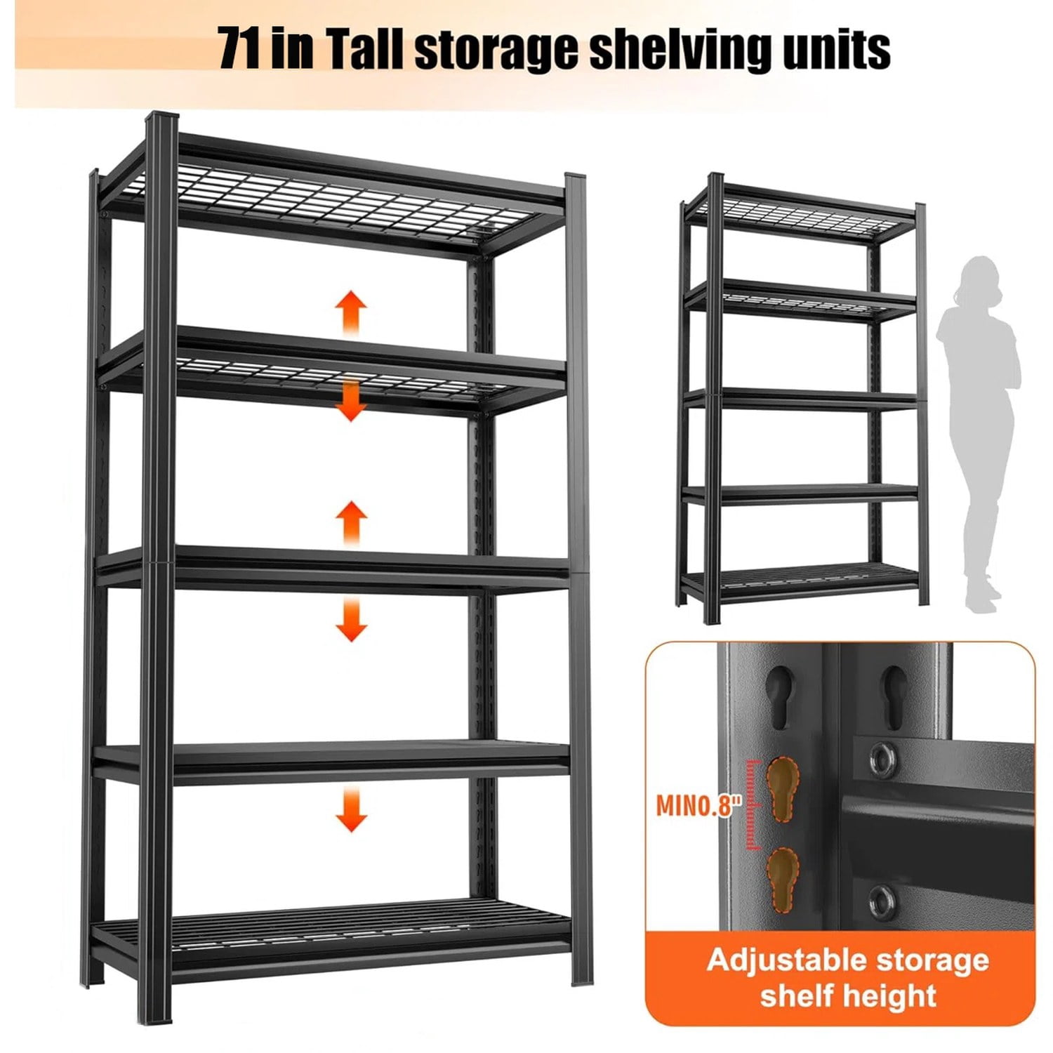 Garage Five Story Shelf, Adjustable Metal Shelf, Black, Requires Assembly, 71.2 in H x 47.24 in L x 23.62 in D