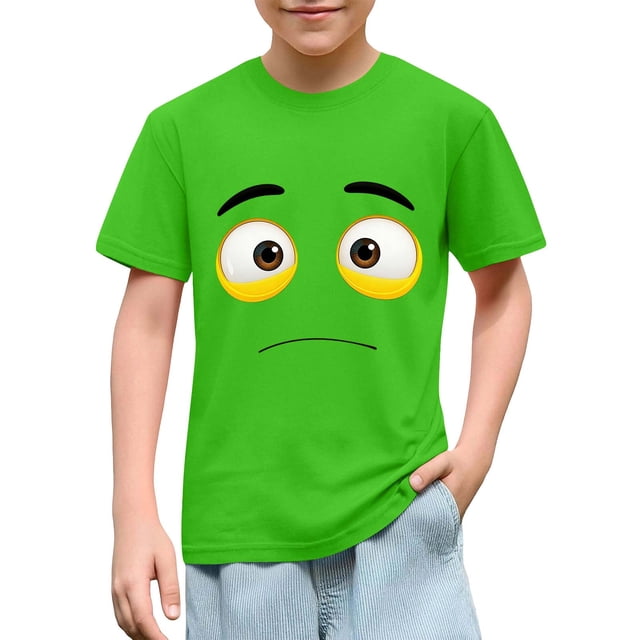 Blusas y camisas de manga corta con cuello redondo para niños y niñas, color liso, con estampado de expresión linda, manga corta, holgadas y cómodas, blusa para niña