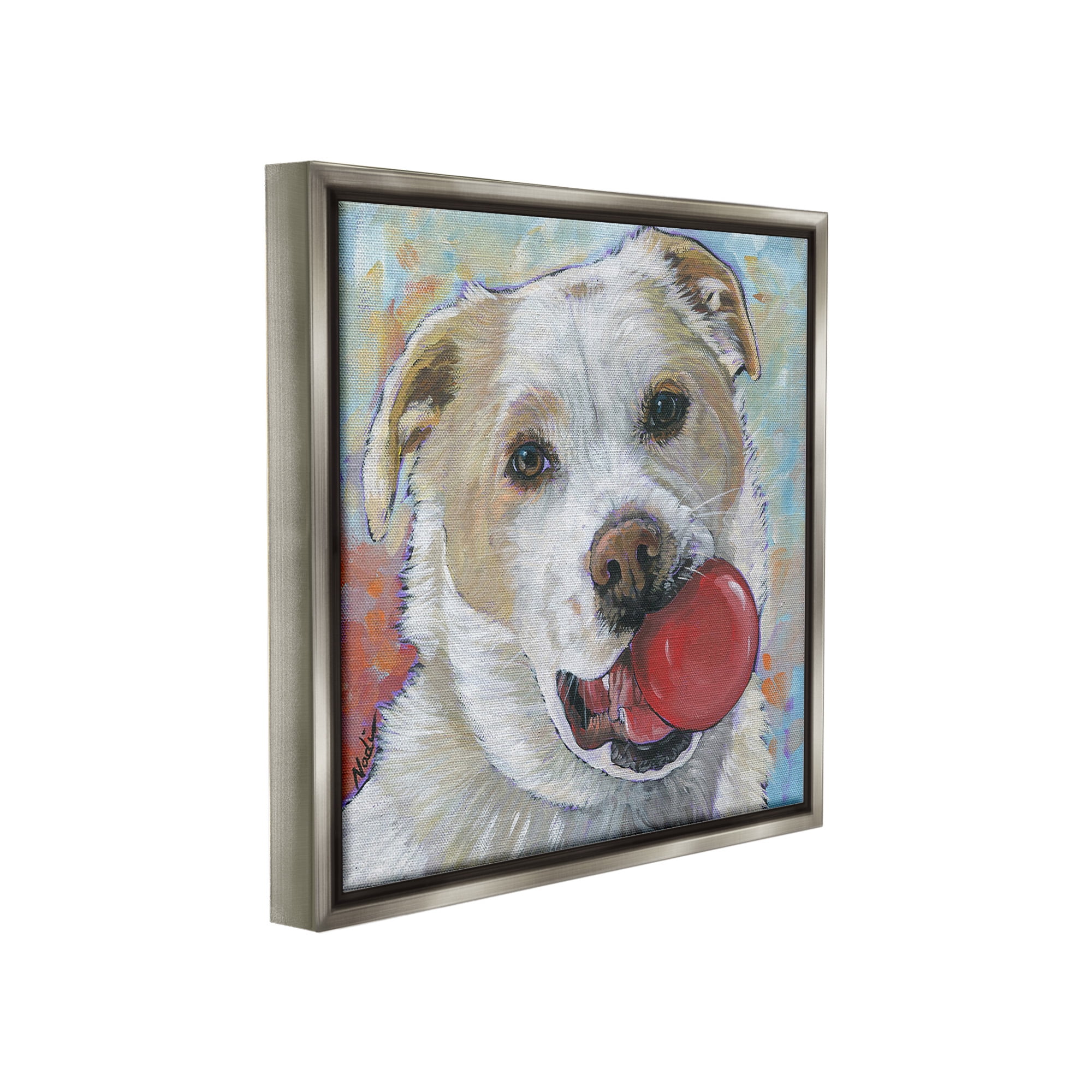 Stupell Industries Dog & Ball Portrait Animals & Insects Painting Gray Floater Framed Canvas Art Print Wall Art, 25 x 25