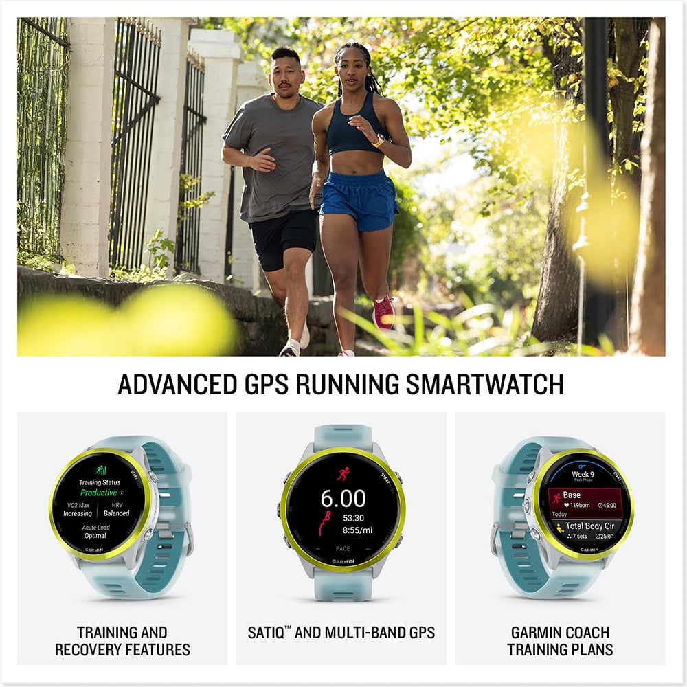 Garmin 010-02971-01 Forerunner 570 - 47mm GPS Smartwatch Aluminum and Whitestone/Turquoise Band Bundle with Deco Essentials Charging Dock, Silicone Dust Cover 3 Pack and 1.4 Inch Screen Protector