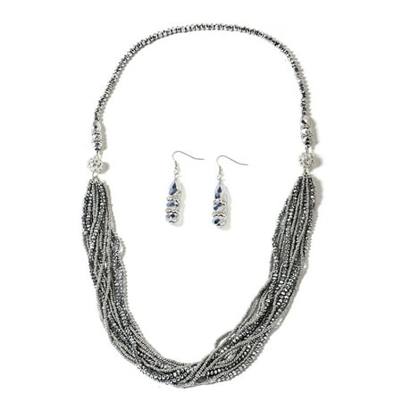 - Hypoallergenic Beads Silver Grey Color Glass Earrings Necklace Jewelry Gift Set for Women