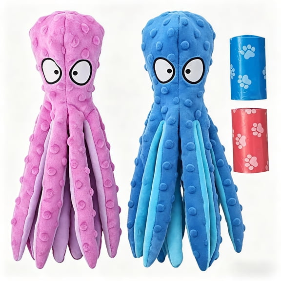 PetLike 2 Pack Squeaky Octopus Dog Toys, Stuffing-Free Plush Crinkle Chew Toys for Puppy Teething & Interactive Play (Small)