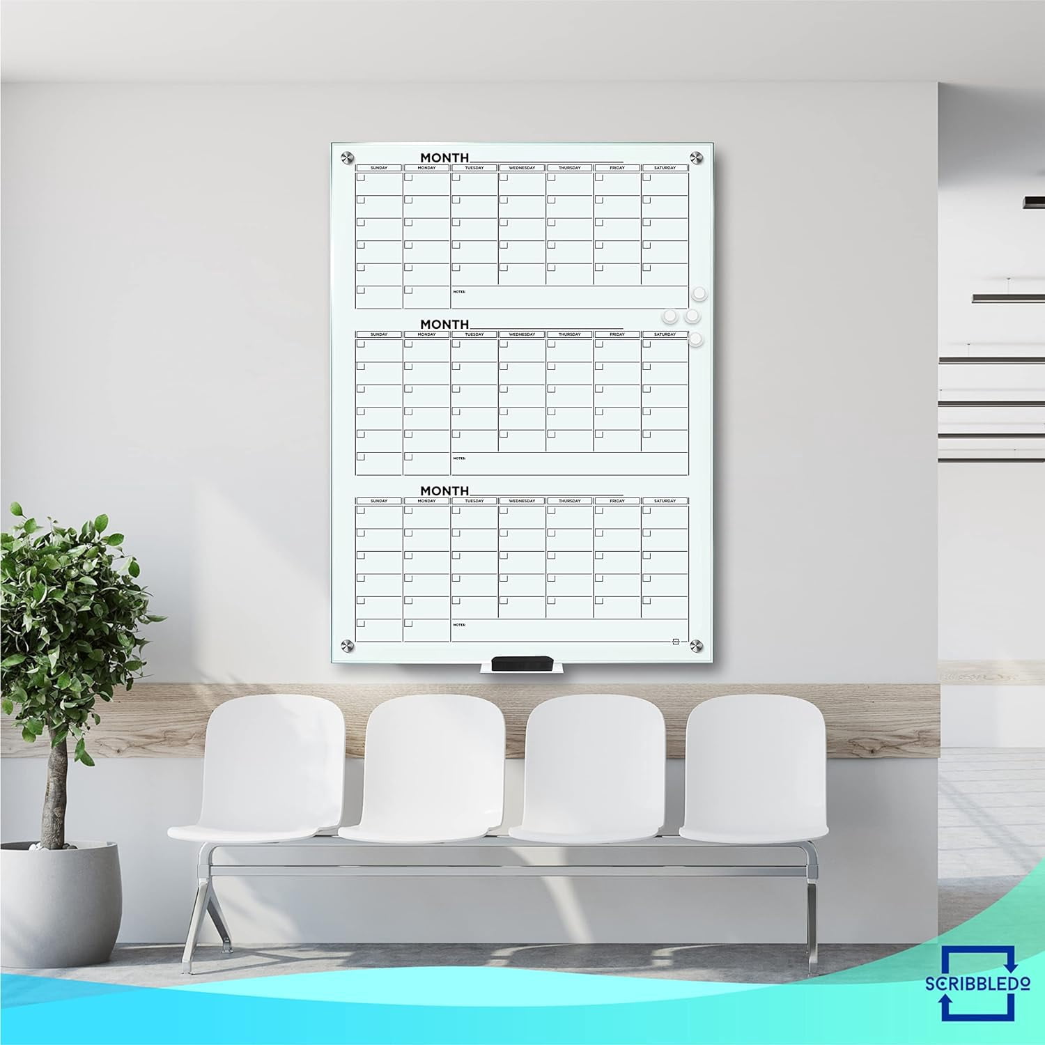 Glass Whiteboard Calendar 34x46” Quarterly Planner White Board Calendar Dry Erase Board 3 Month Dry Erase Calendar for Wall Glass Calendar Whiteboard Home office Large Wall Calendar & Marker Tray