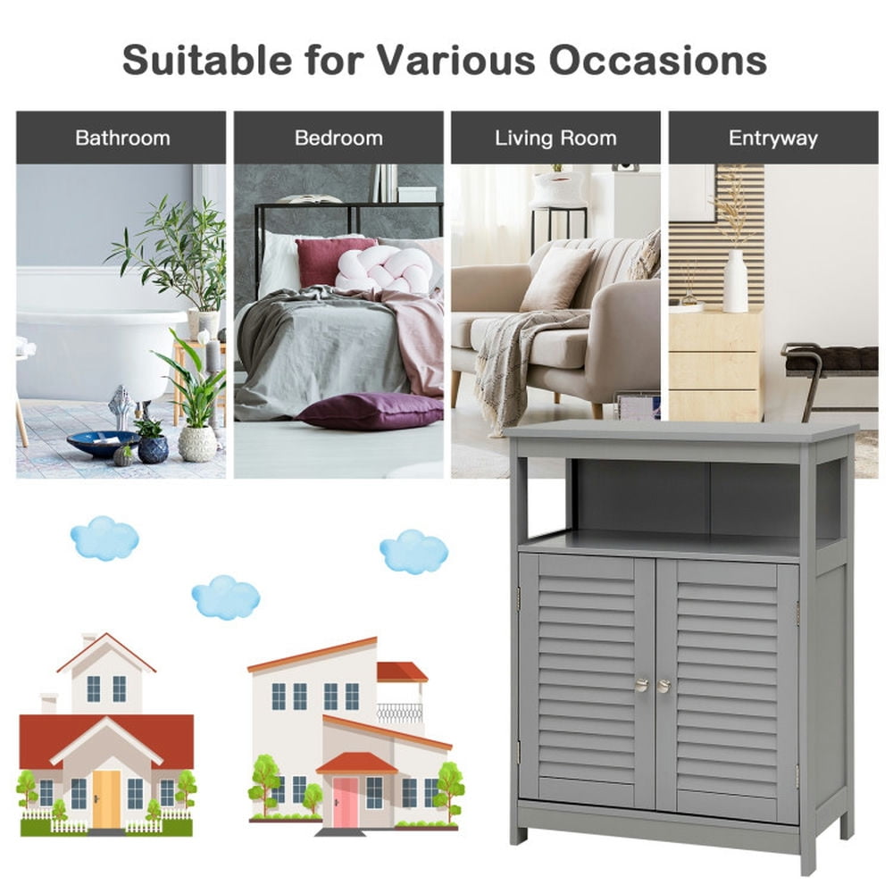 Finihen Storage Cabinet, Bathroom Floor Cabinet, Wood Freestanding Bathroom Storage Cabinet with Double Shutter Door, for Bathroom, Living Room, Bedroom, Kitchen, Gray
