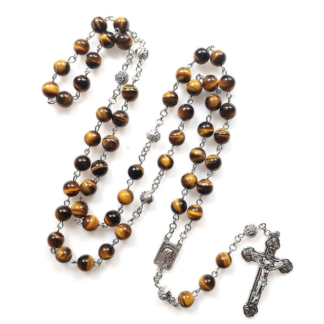 Collar de rosario yuxing con medalla de San Benito y Piedra de ojo de tigre 31 pulgadas