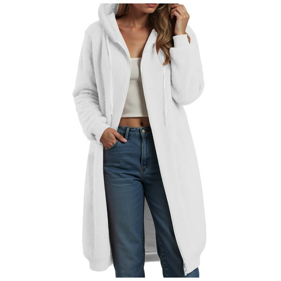 adviicd Long Winter Coats for Women Solid Color Zip Up Hooded Jacket Oversized Warm Long Sleeve Fuzzy Coat Winter Outfits (Grey, L)