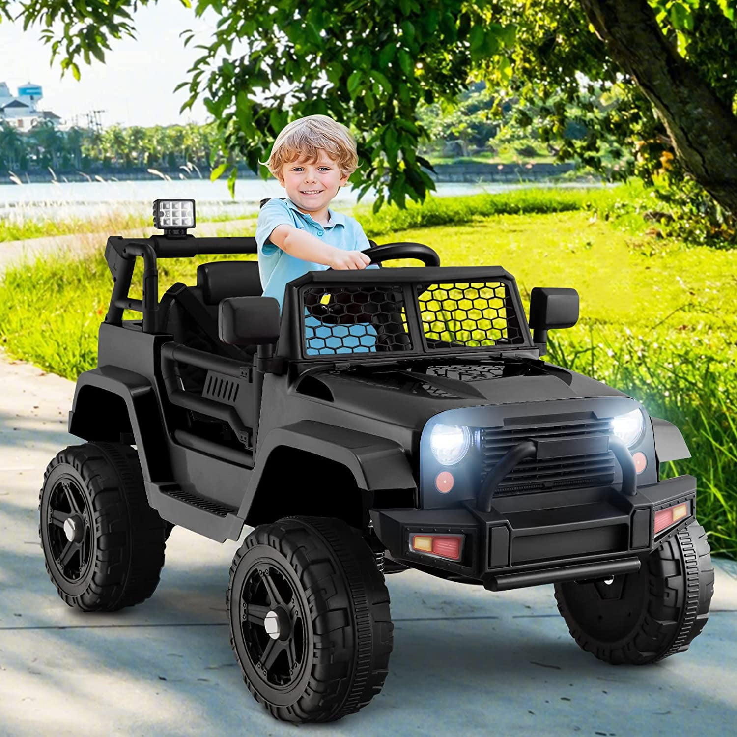 OLAKIDS Kids Ride On Truck, 12V Electric Vehicle Jeep Car with Remote Control, Toddlers Battery Powered Toy with 2 Speeds, Spring Suspension, Double Open Doors, LED Lights, Music, USB, Mp3 (Black)