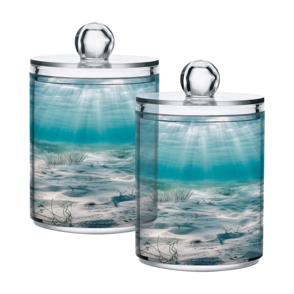 2 Pack Qtip Holder Dispenser Serene Ocean Floor Clear Plastic Storage Apothecary Jars for Cotton Swabs Balls Pads Floss
