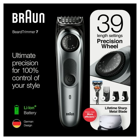 Braun Beard Trimmer for Men BT7240, Cordless & Rechargeable Hair Clipper, Detail Trimmer, Mini Foil Shaver with Gillette ProGlide Razor, Black/Silver Metal
