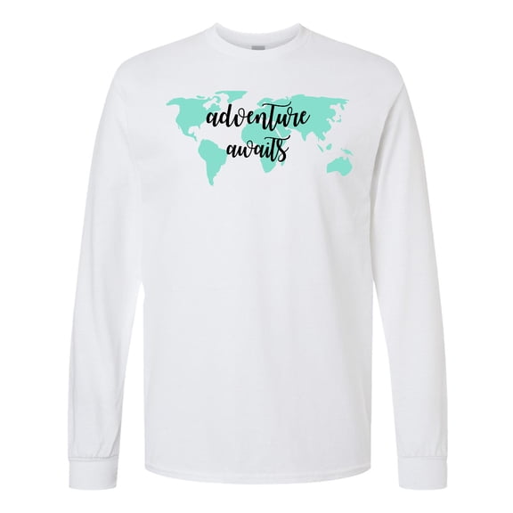 Inktastic Adventure Awaits Teal World Map Long Sleeve T-Shirt