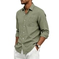 thumbnail image 5 of Dwelliawo Men's Linen Shirts Casual Button Down Long Sleeve Shirt Solid Spread Collar Summer Beach Shirts with Pocket Army Green XL, 5 of 5