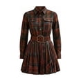 thumbnail image 4 of Women Vintage Plaid Mini Shirt Dresses Elegant Pleated Long Sleeve Button Down Dresses Collared A-Line Flowy Babydoll Dress, 4 of 6