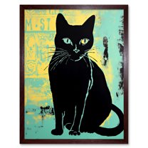 Black Cat Colour Linocut Teal Blue Yellow Simple Feline Vintage Ad Style Art Print Framed Poster Wall Decor 12x16 inch