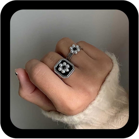 Vintage Pearl Flower Ring Signet Ring Black Ring Pearl Floral Ring Bang Ring Adjustable Pearl Finger Ring Jewelry for Women