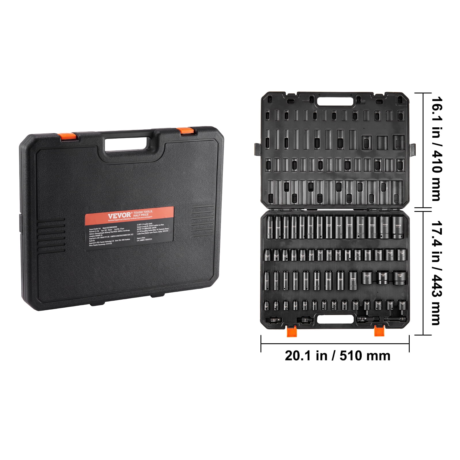 VEVOR 3/8" & 1/2" Drive Impact Socket Set, 59PCS Socket Set SAE 5/16" to 1-1/4" and Metric 6-32mm, 6 Point Cr-Mo Alloy Steel for Auto Repair, Easy-to-Read Markings, Rugged Construction, Storage Case